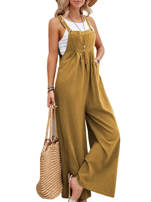 Loose Pleated Split-Joint Spaghetti-Neck Overalls