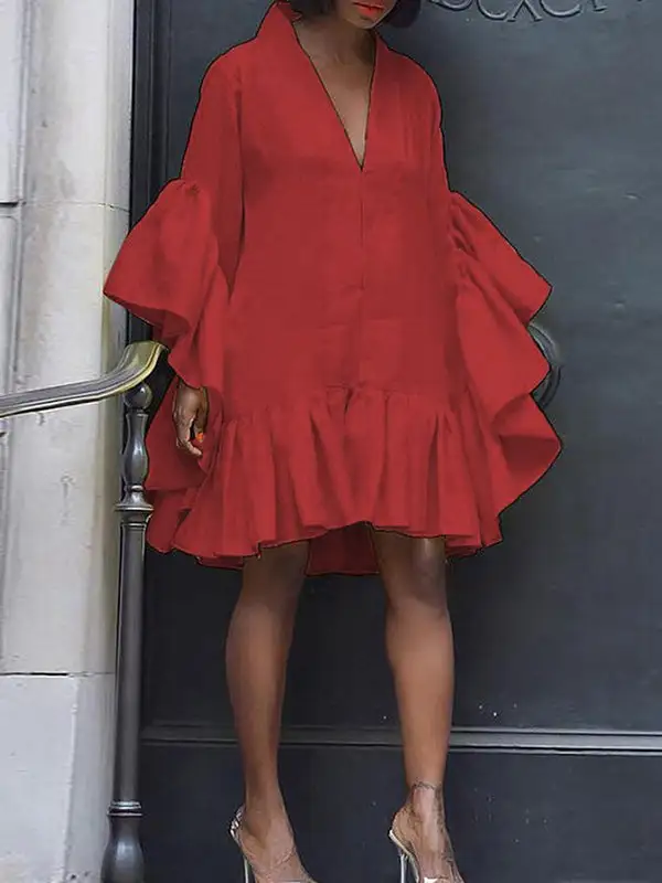 Flared Sleeve Relaxed Pleated Solid Color Split Joint V Neck Mini