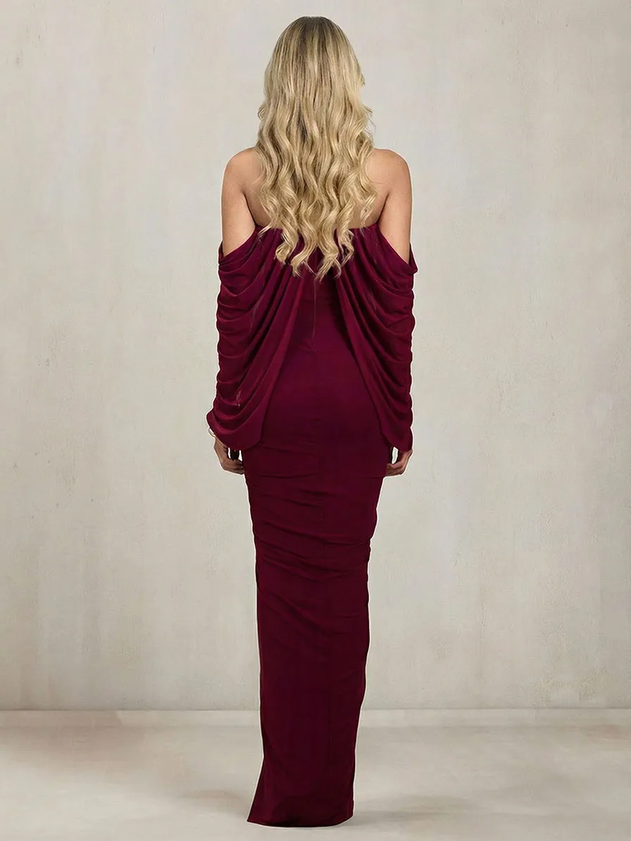 Ruched Drapedd Cape Sleeve Maxi Dress