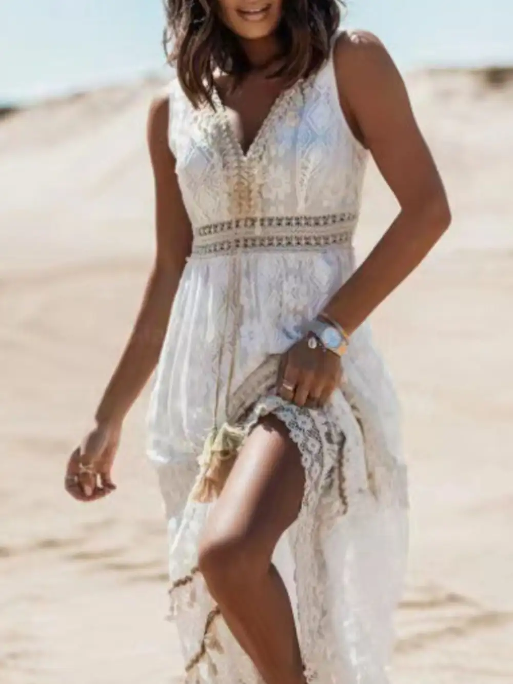 Lace V Neck Sleeveless Maxi Dress