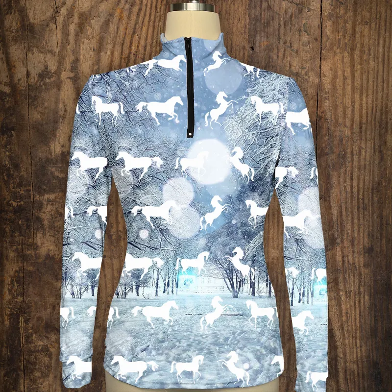 Spring, Summer, Autumn and Winter Women's Equestrian Style Maple Leaf Horse Print Long Sleeve Casual Shirt