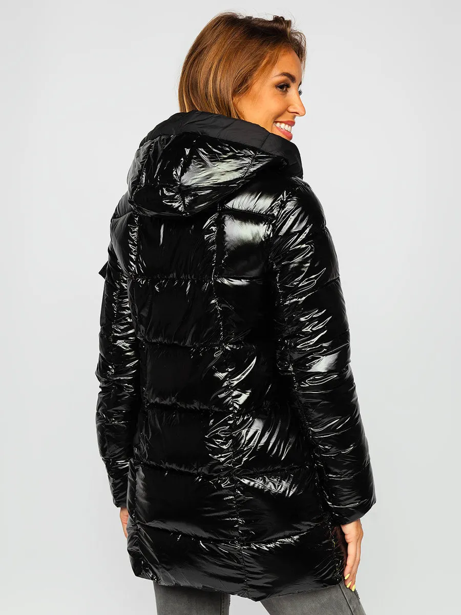 Black and yellow women's quilted winter jacket with hood
