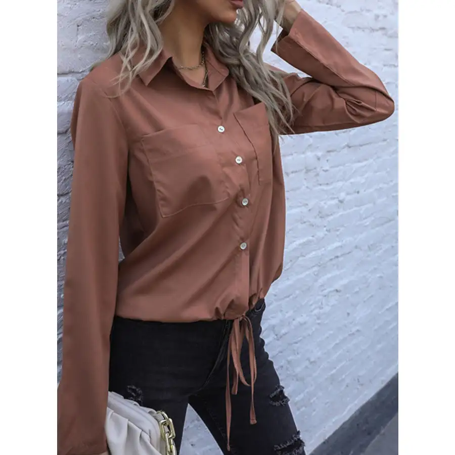 Perfee Tied Hem Button Down Long Sleeve Shirt