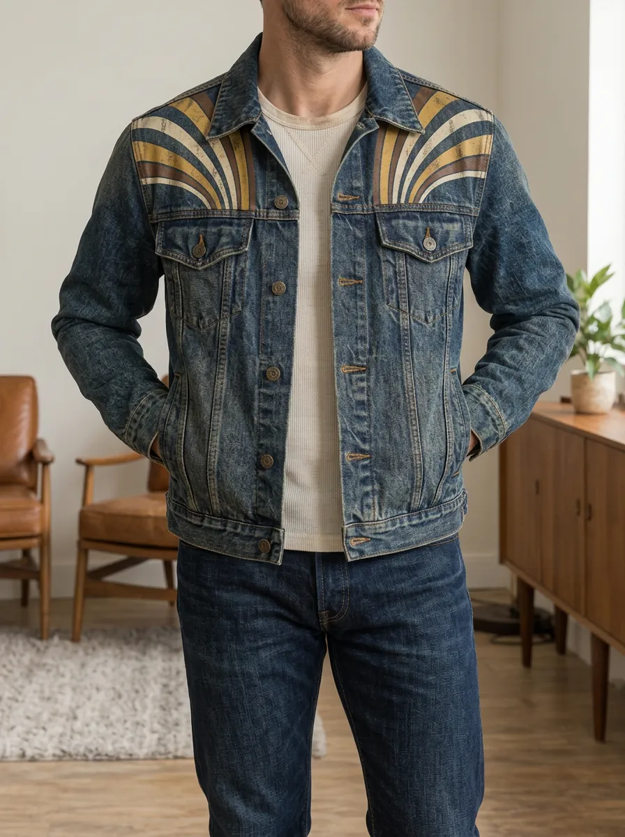 Men's Vintage Retro Sunburst Printed Denim Jacket