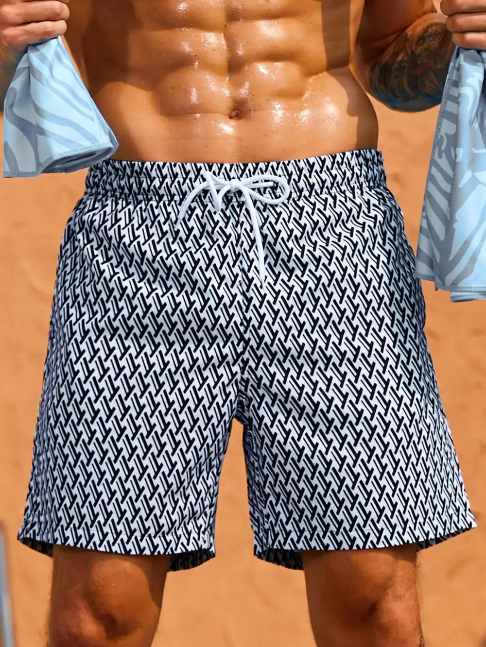 Men's Geometric Allover Print Drawstring Beach Shorts