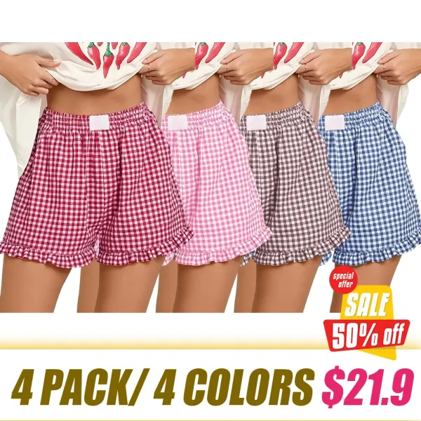 Women's Casual Lounge Sleep Plaid Ruffle Boxer Shorts Pajama Gingham Beach Bottoms Pockets