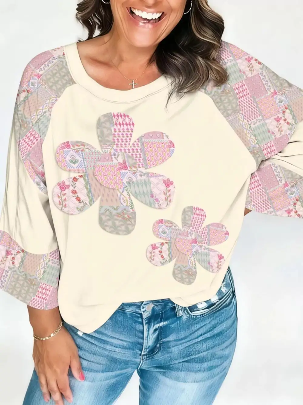 Block Retro Floral Patchwork Long Sleeve Top