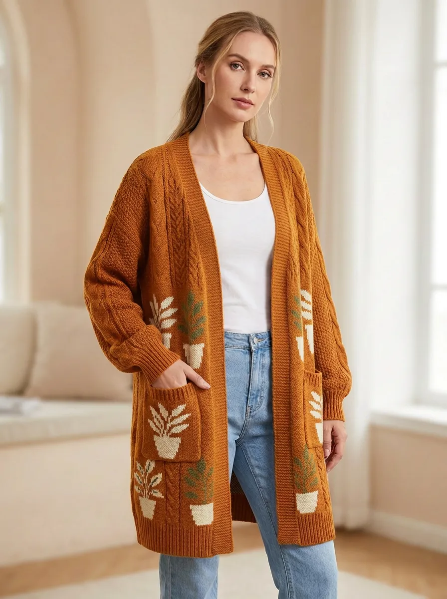 Women's Plant Potted Plant Pattern Knit Long Cardigan