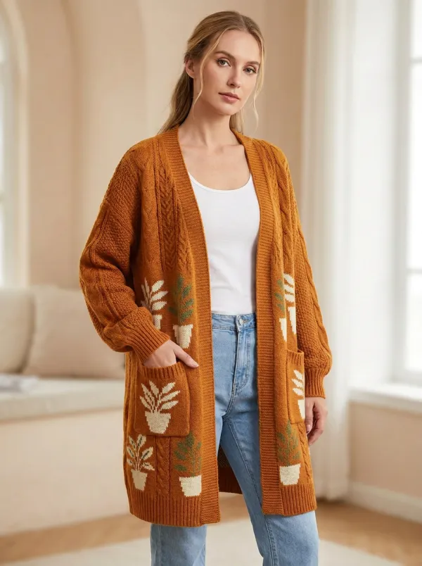 Women's Plant Potted Plant Pattern Knit Long Cardigan