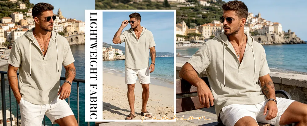 Men's Cotton Linen Short Sleeve Hooded Shirt