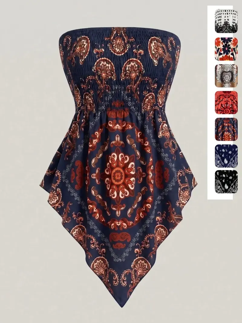 Plus-Size Women's Strapless Top with Ethnic Print