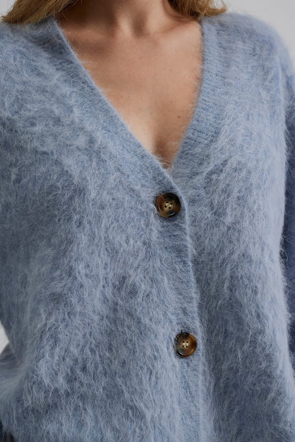 Fuzzy V Neck Button Front Cardigan