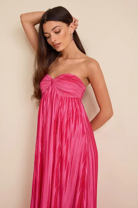 Whimsical Beauty Hot Pink Satin Plisse Strapless Maxi Dress