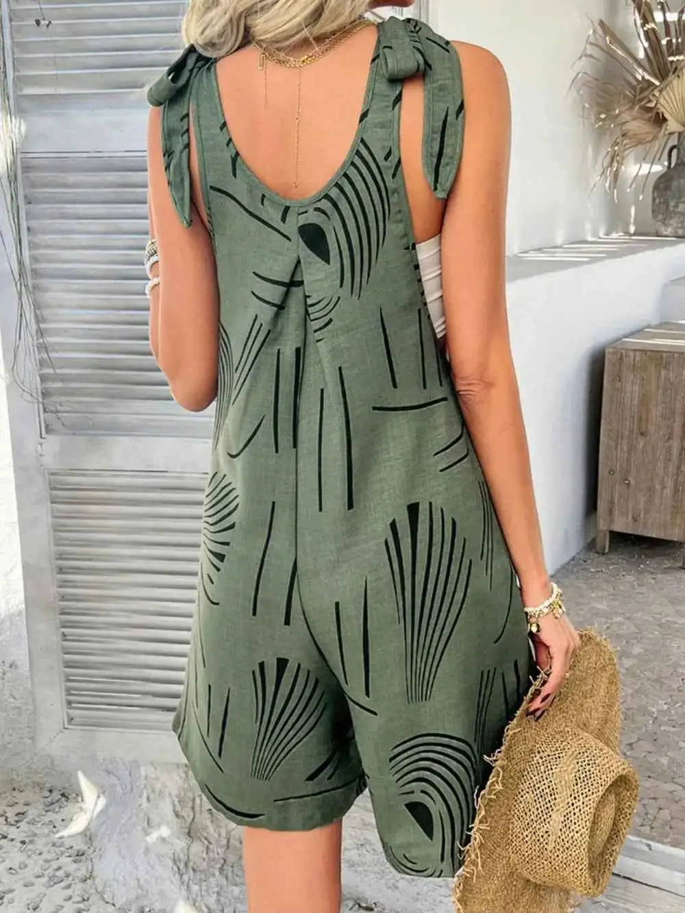 Printed Tie Shoulder Overalls With Pockets
