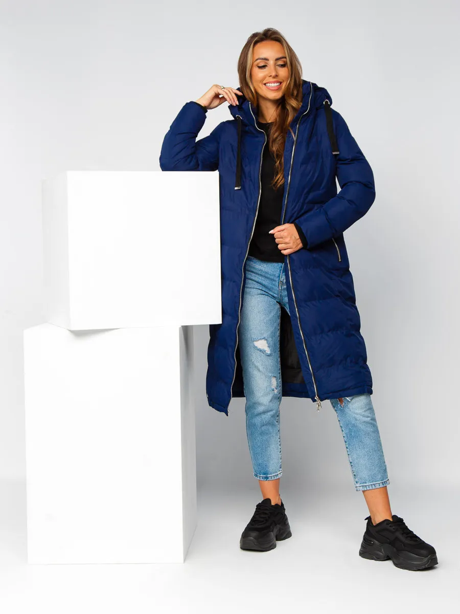 Dark blue women's long quilted winter jacket with hood