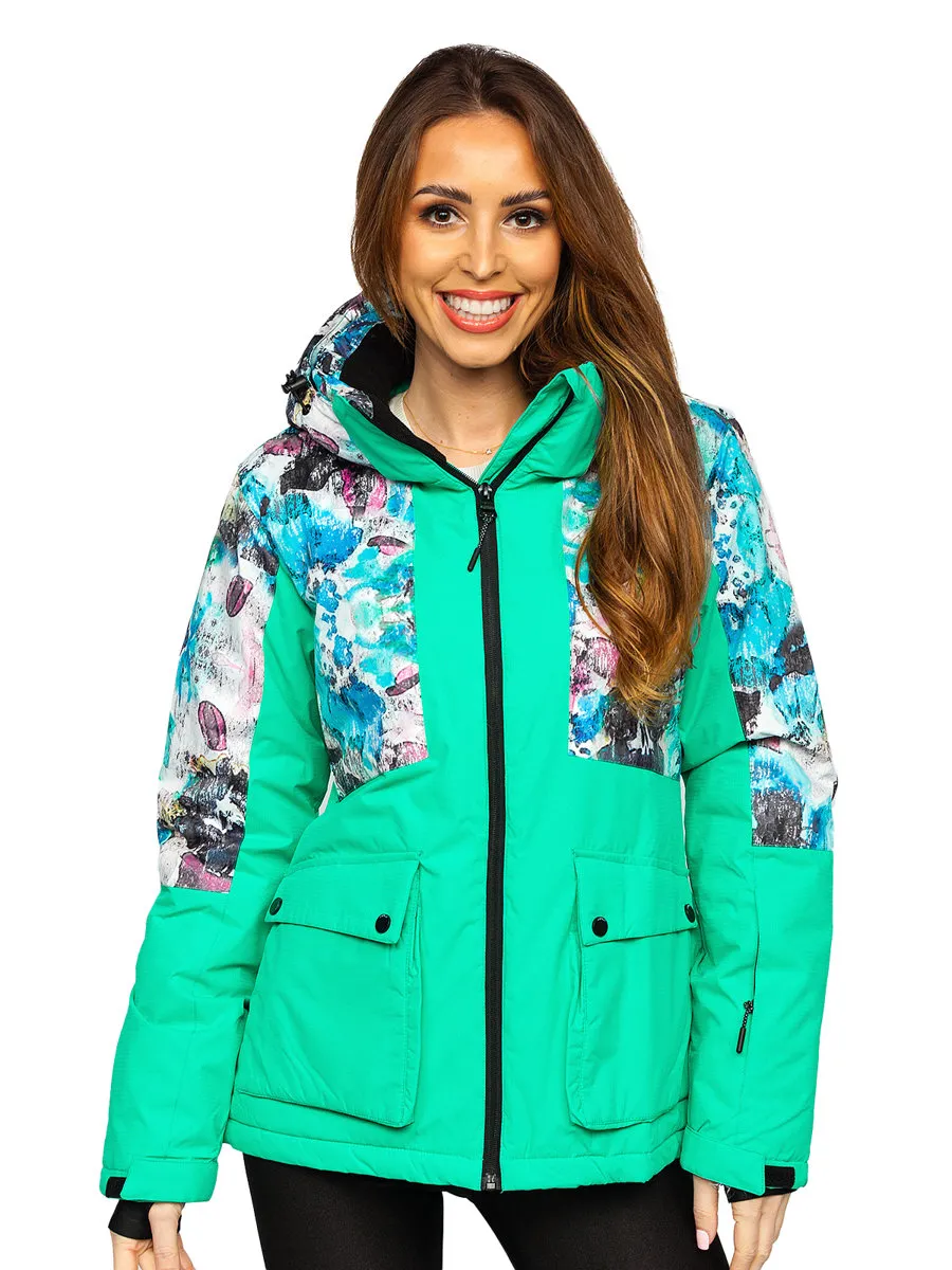 Green women's winter jacket with hood
