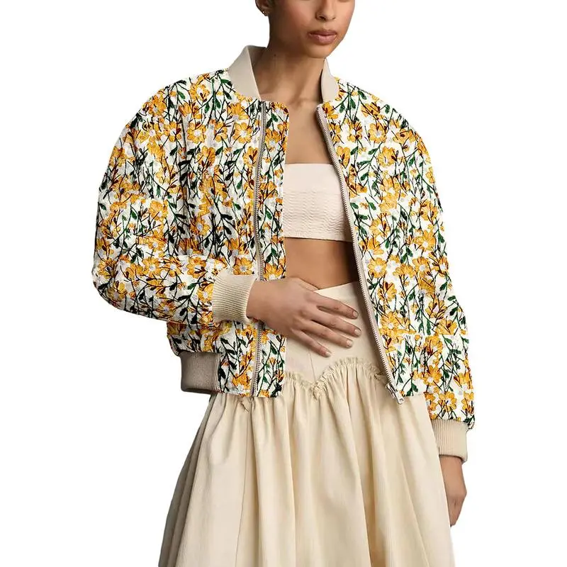 Women's Ramie Linen Embroidered Daisy Cropped Bomber Jacket with Quilted Puffer Sleeves & Two Side Pockets Outerwear