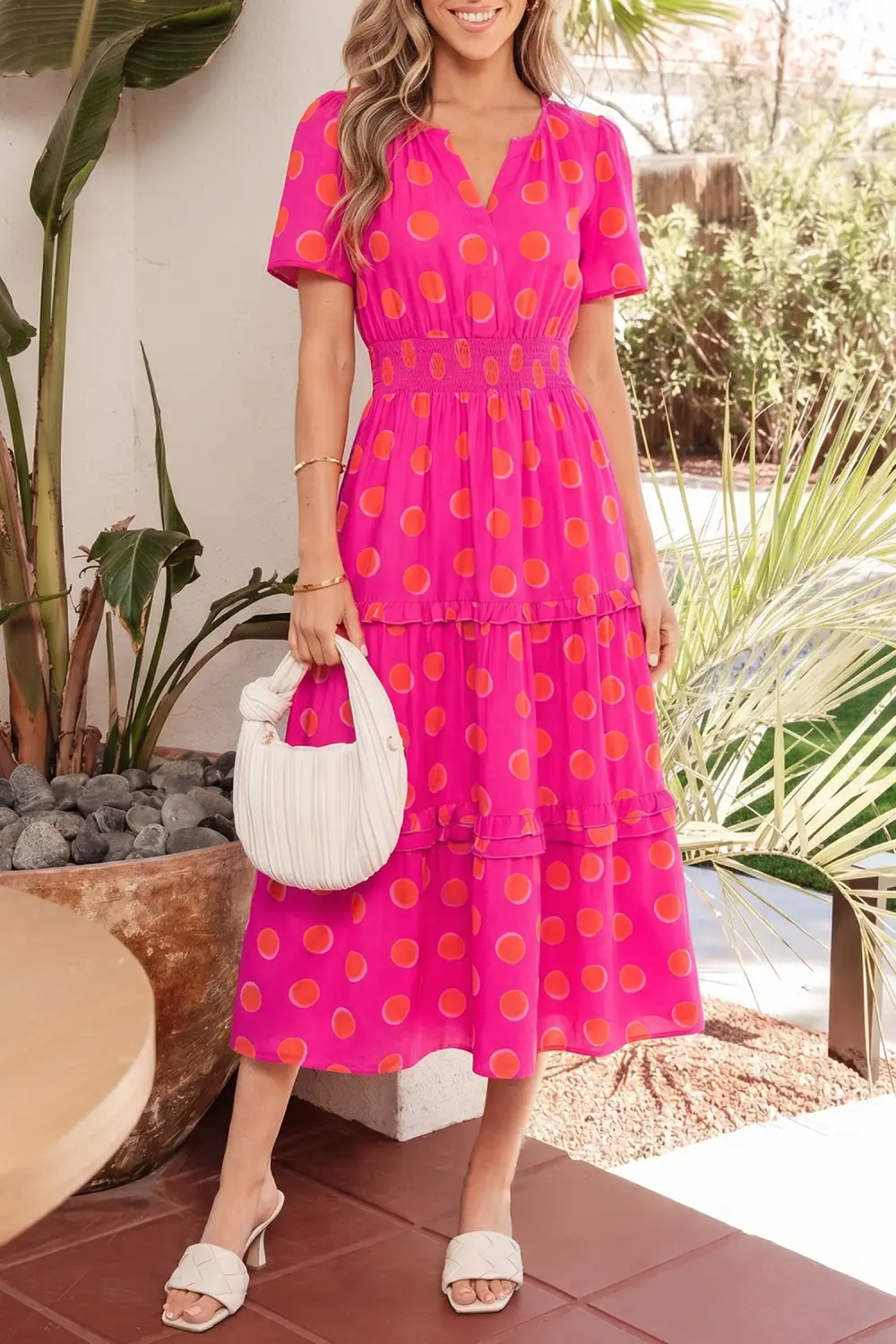 Polka Dot Short Sleeve Shirred Midi Dress