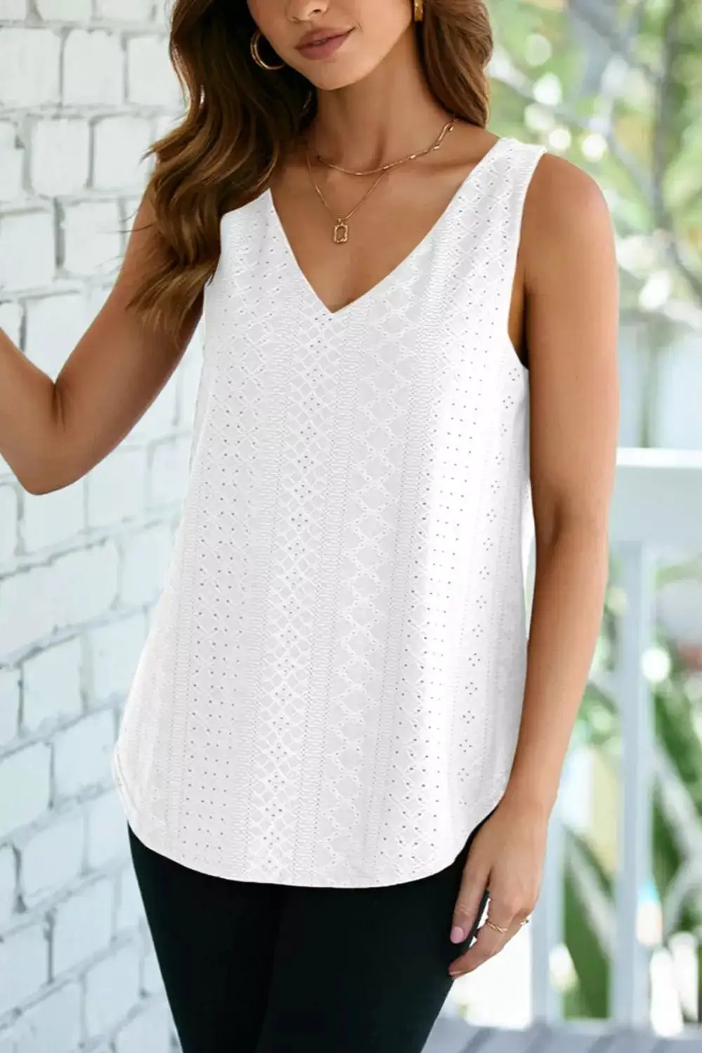 Eyelet Knit Patterned Loose V Neck Tank
