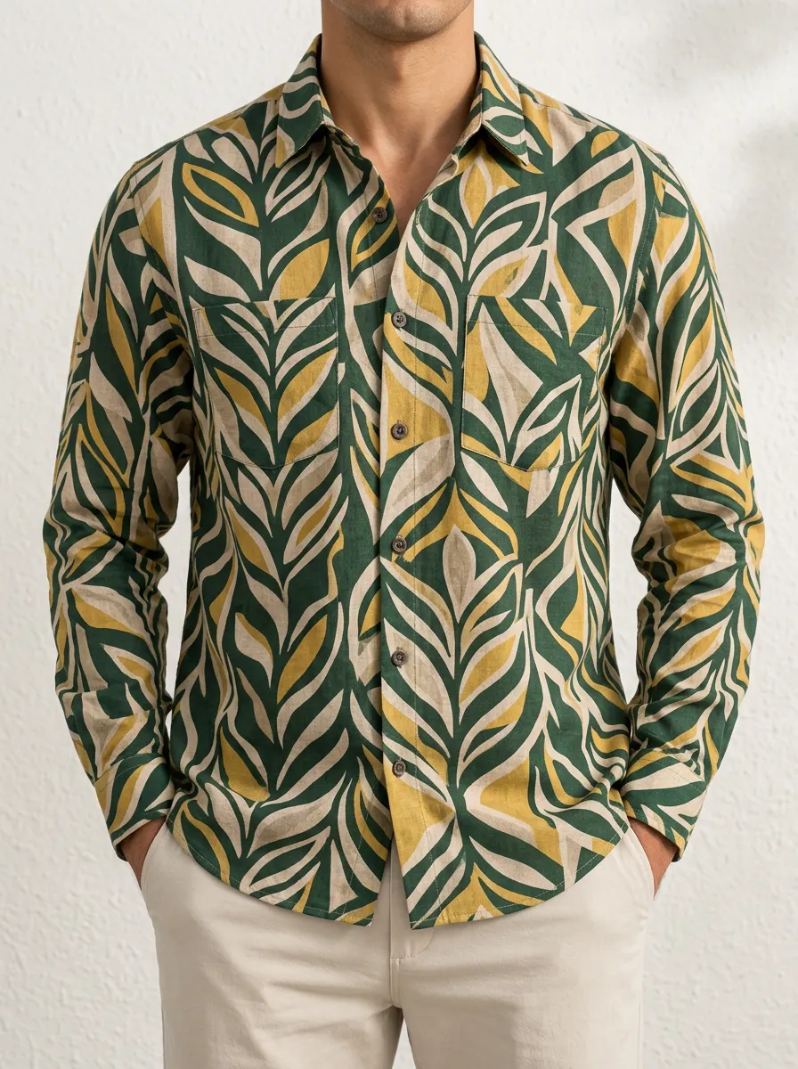Men's Long Sleeve Shirt Featuring Tropical and Botanical Artwork