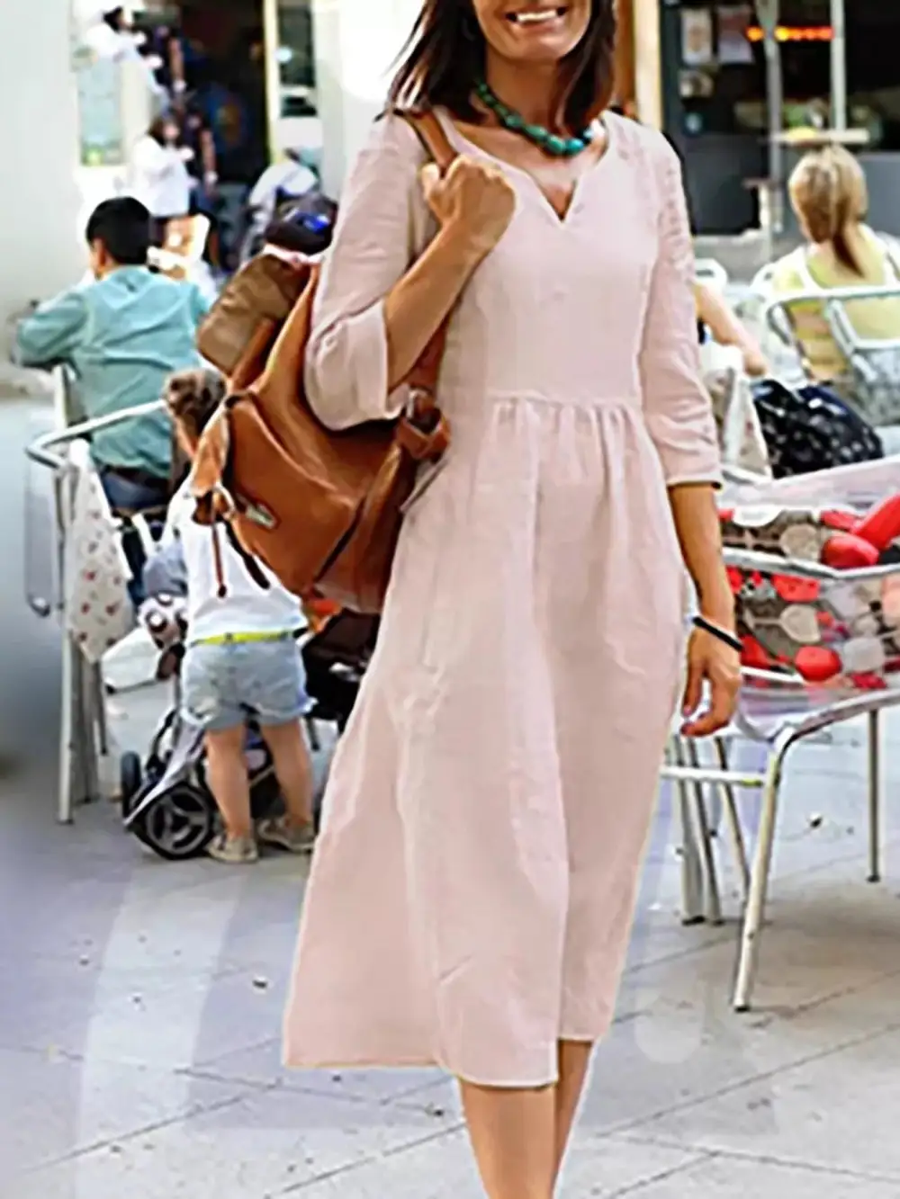 Notched Neck Three Quarter Sleeve Pocketed Midi Dress
