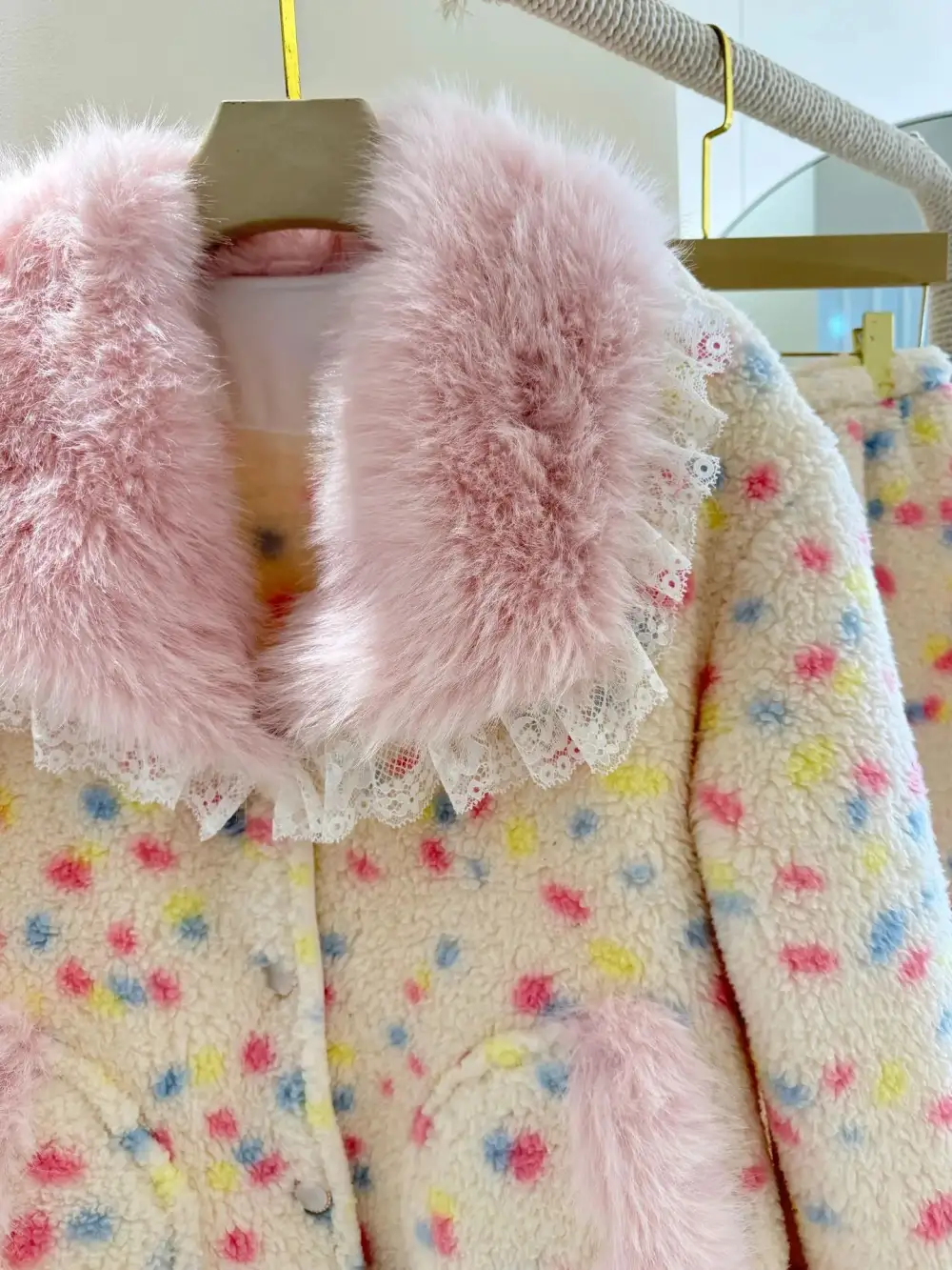 Colorful Polka Dot Fur Trim Short and Pants Loungewear Set
