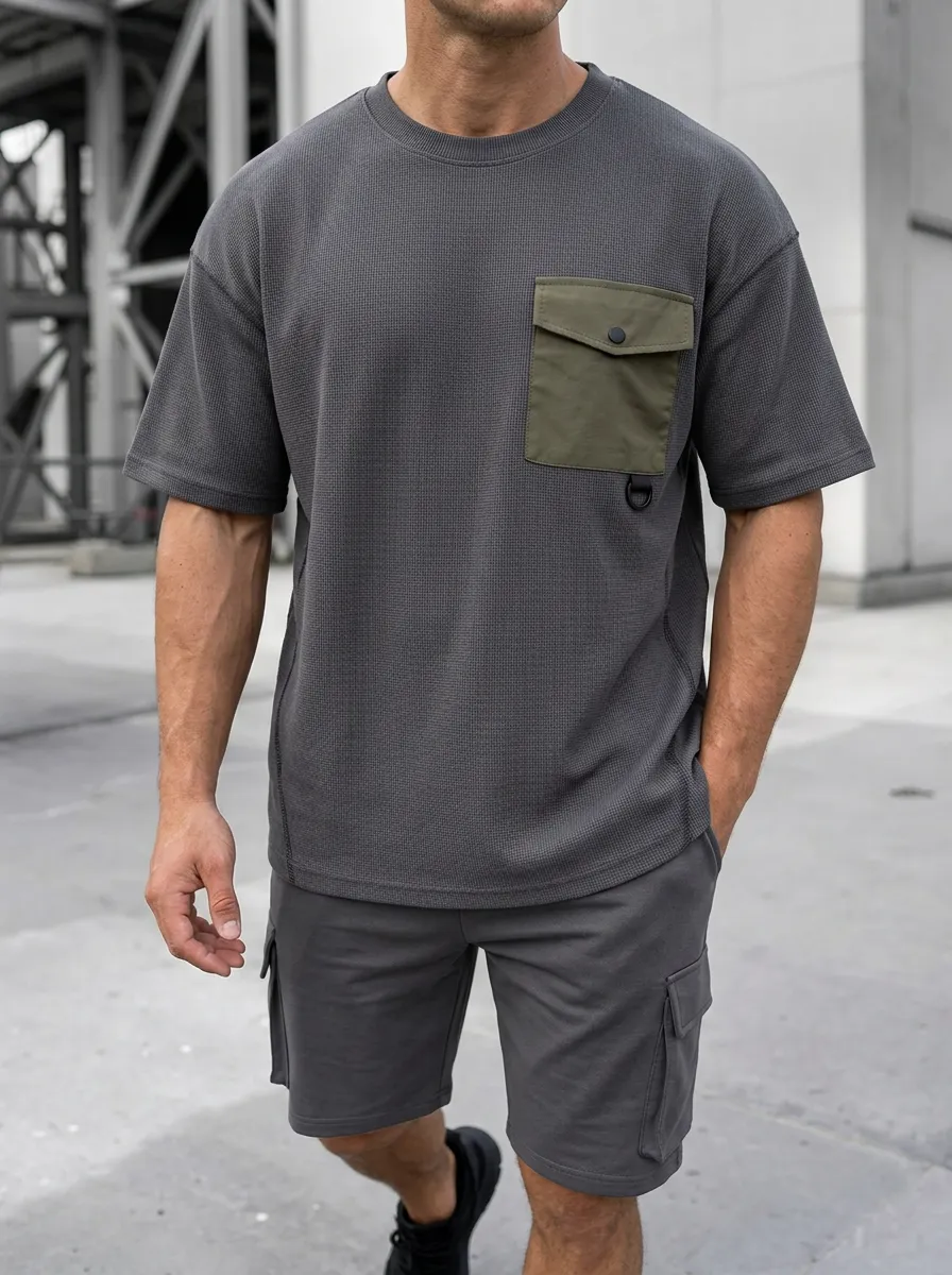 Practical Waffle Texture Modern Look Men's Cargo Pocket T-Shirt