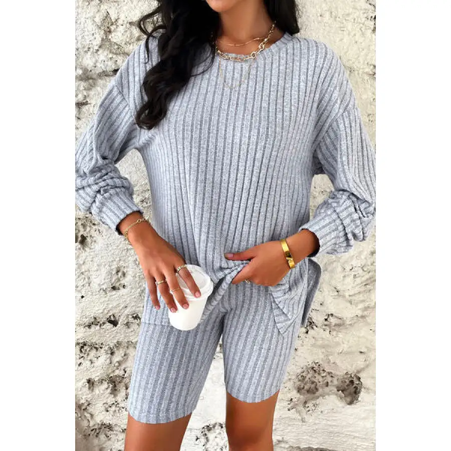 Ribbed Round Neck Dropped Shoulder Top and Shorts Set