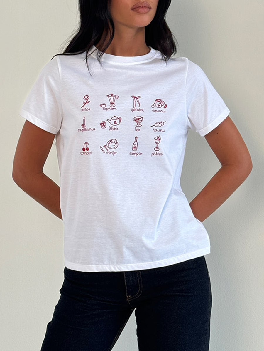 White With Red Star Signs Print Tee