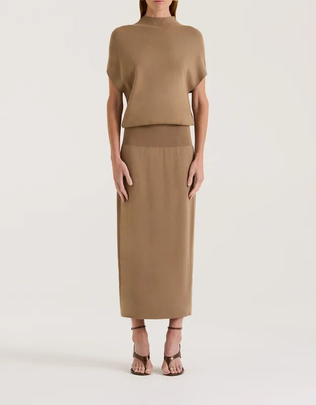 Taupe High Neck Knit Midi Dress