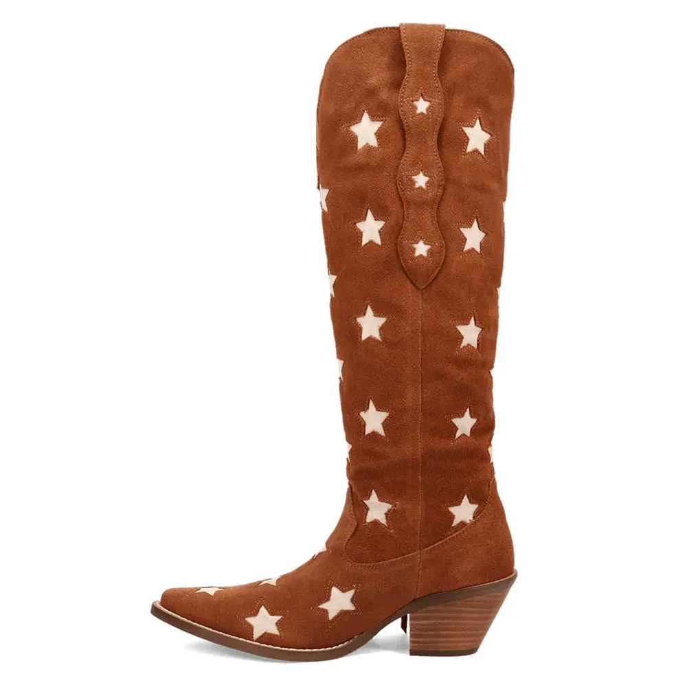Faux-Suede Snip-Toe Chunky-Heel Platform Knee-Length Western Boots