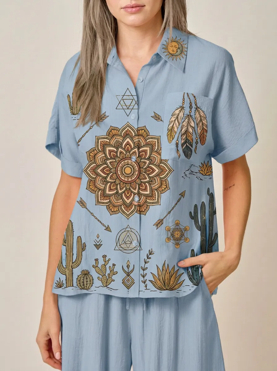 Women's Boho Mandala Cactus Feather Printed Button-up Shirt