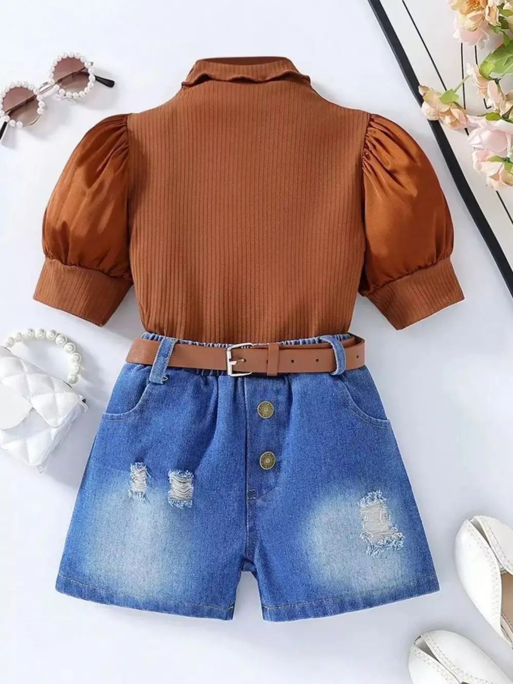 Children S Puff Sleeve Top and Denim Shorts Set