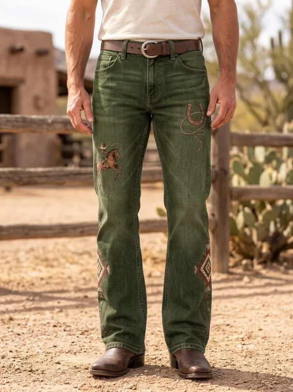 Men's Western Cowboy Horse Horseshoe Tribal Printed Jeans
