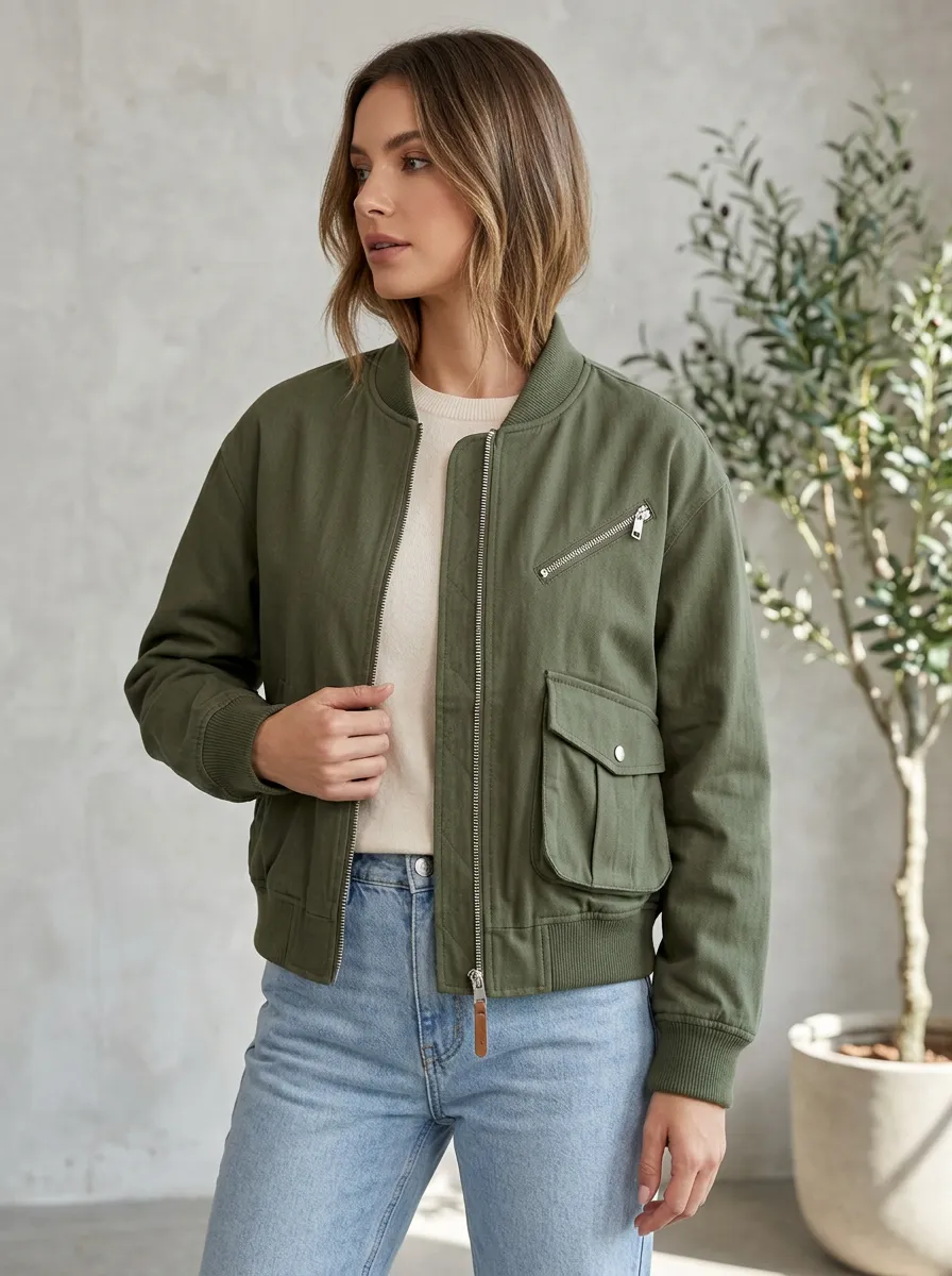 Zip-Front Denim-Style Minimal Women's Casual Jacket