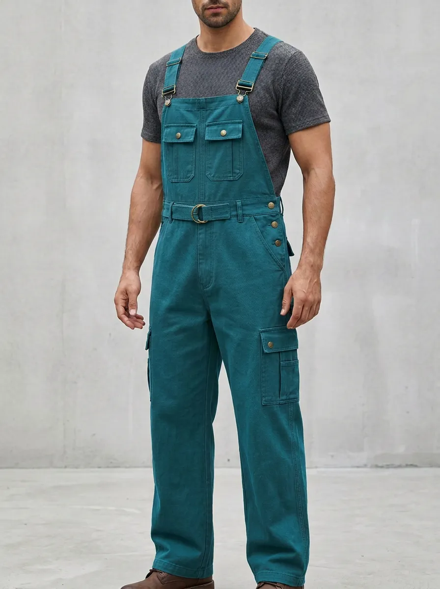 Men's Military Olive Green Belted Cargo Bib Overalls