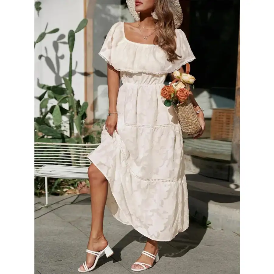 Ruched Off Shoulder Short Sleeve Midi Dress