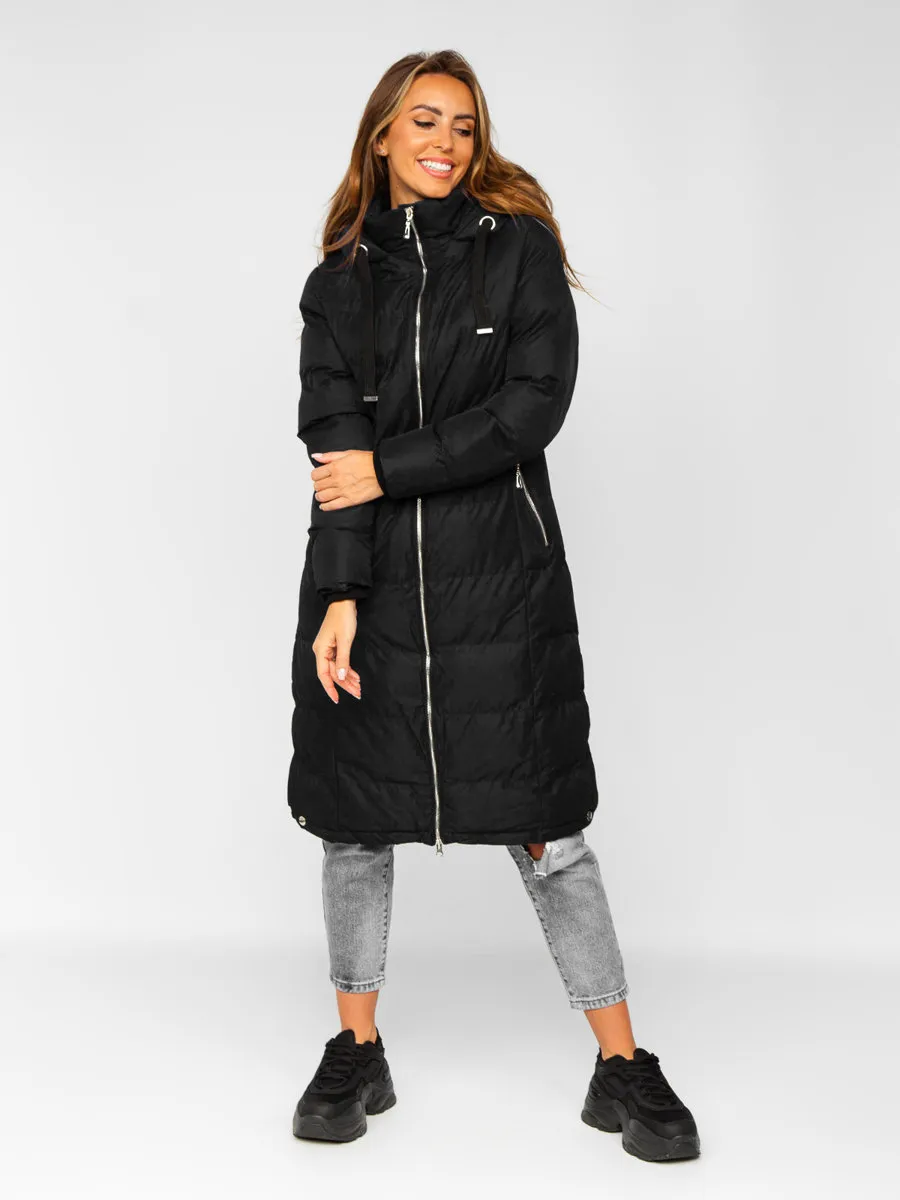 Black women's long quilted winter jacket with hood