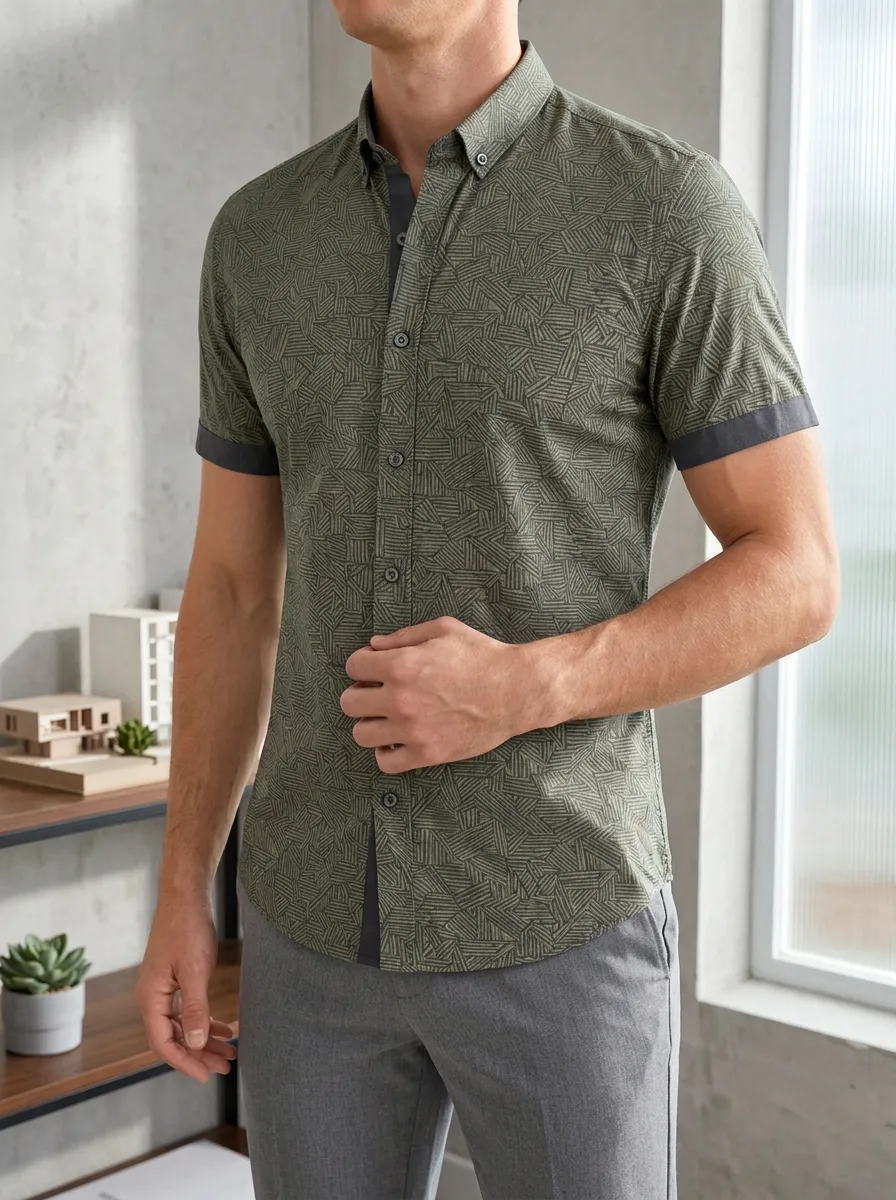 Men's Minimal Geometric Line Short Sleeve Slim Fit Shirt