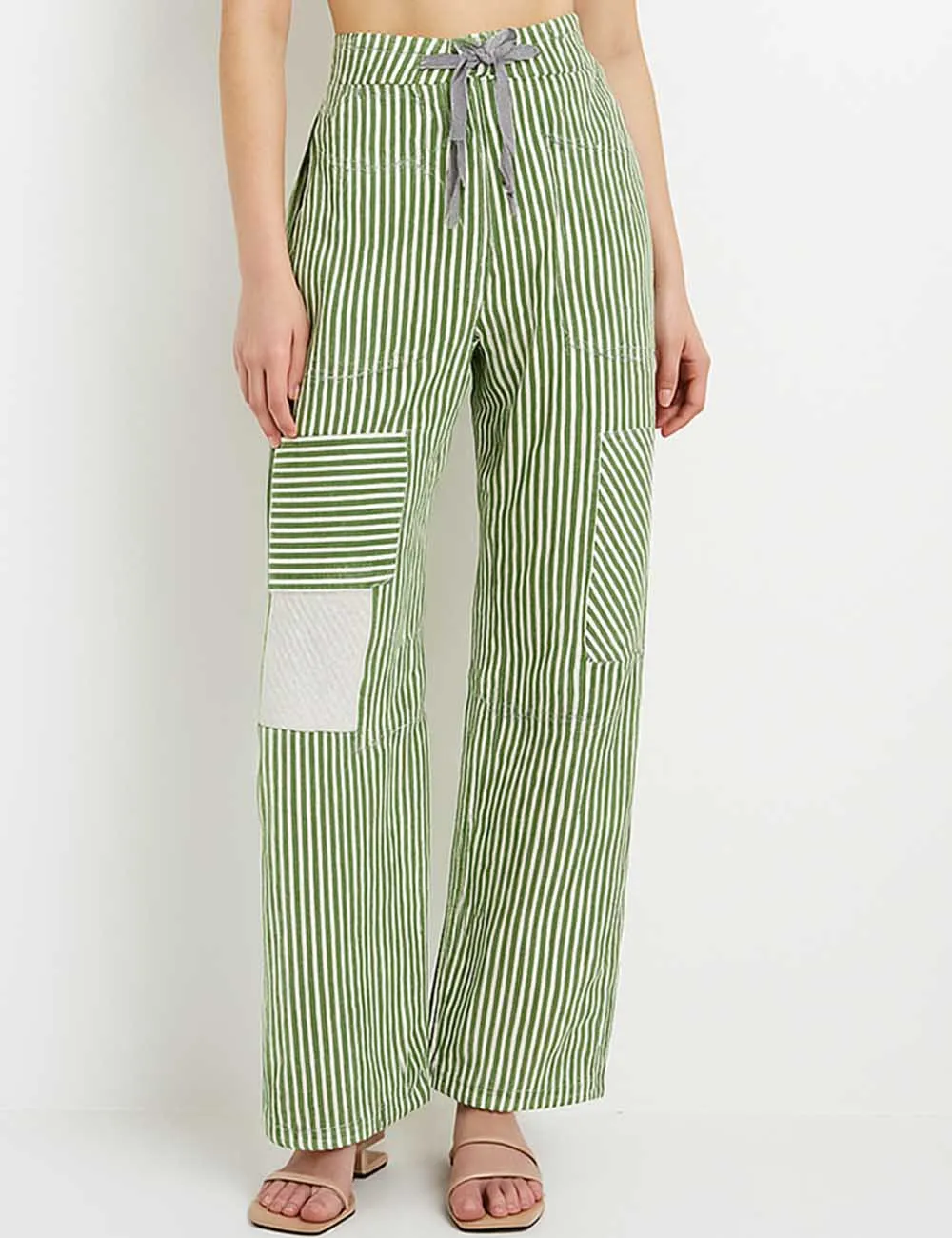 Striped Color Block Drawstring Barrel Denim Pants