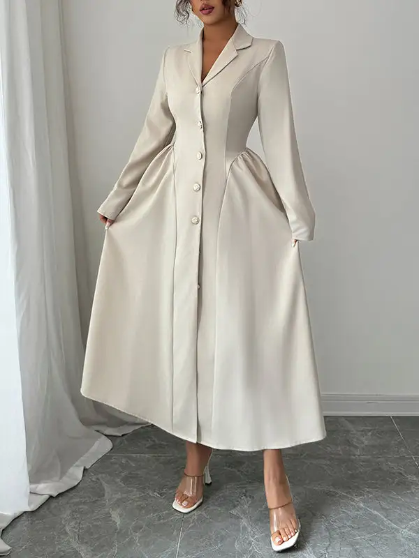 High Pleated Buttoned Shirt Maxi Dress