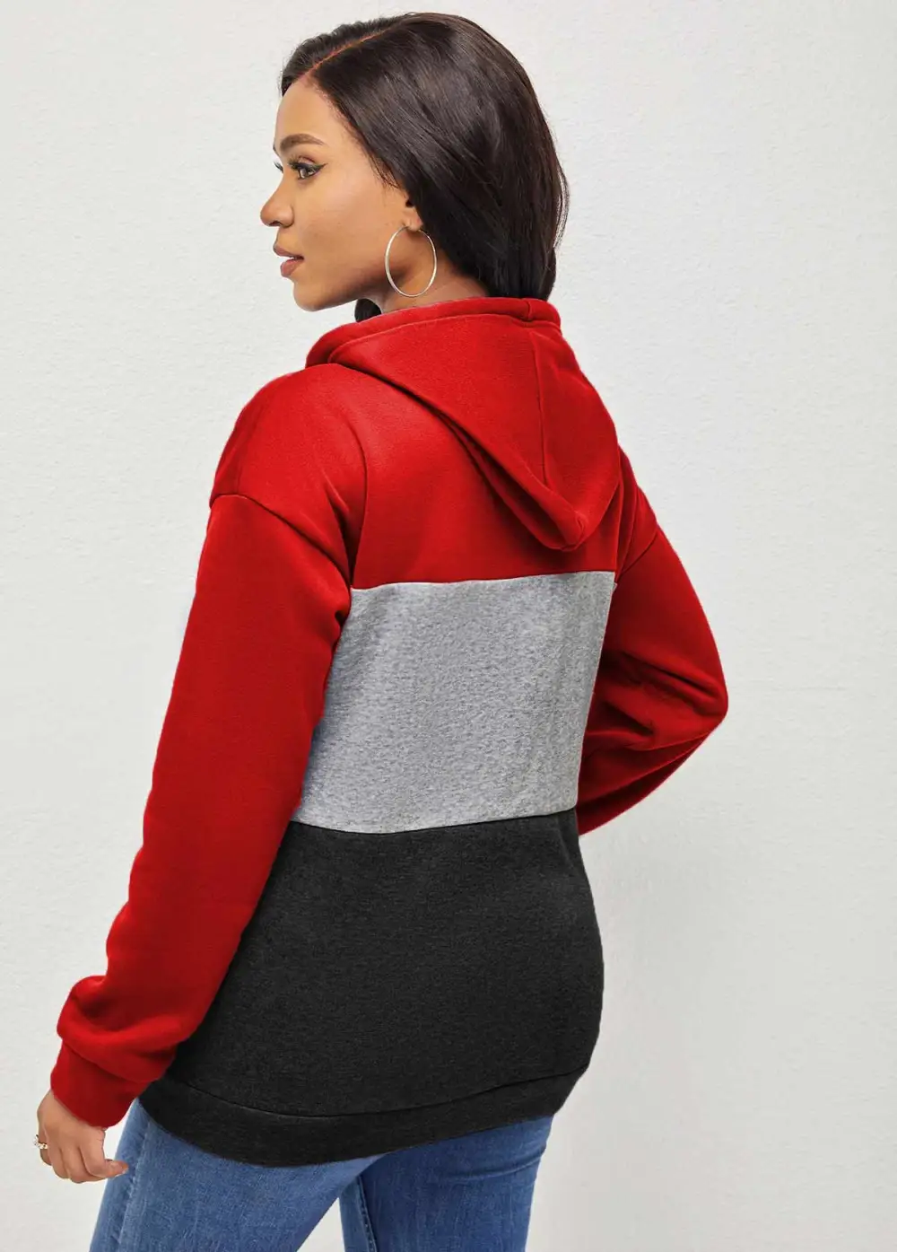 Contrast Kangaroo Pocket Drawstring Red Hoodie