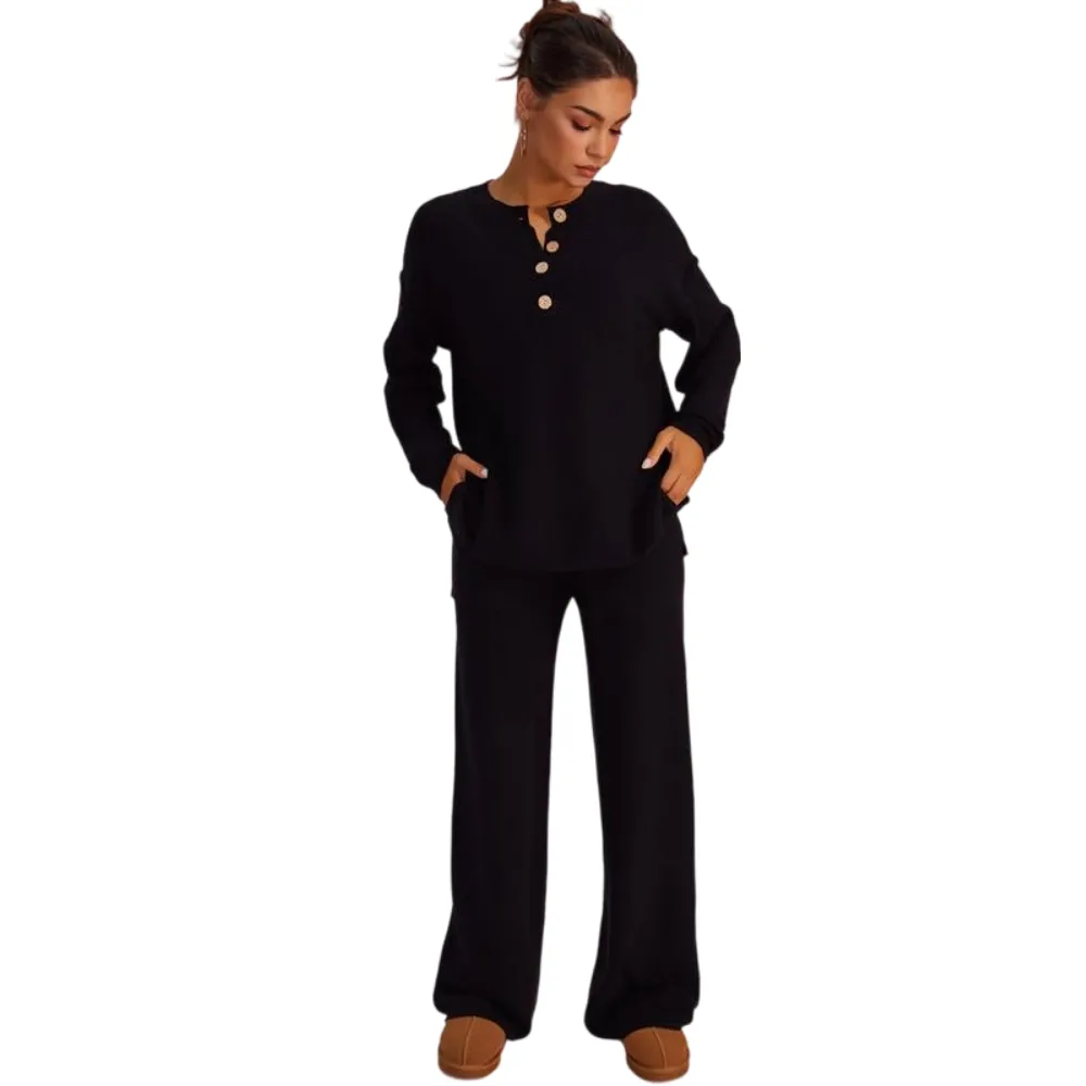 Women's Waffle Knit Loungewear Set Cozy Button Front Top & Wide Leg Pants