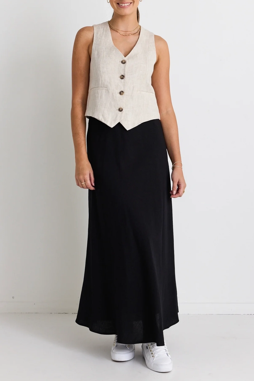 Black Linen Mixed Media Maxi Skirt