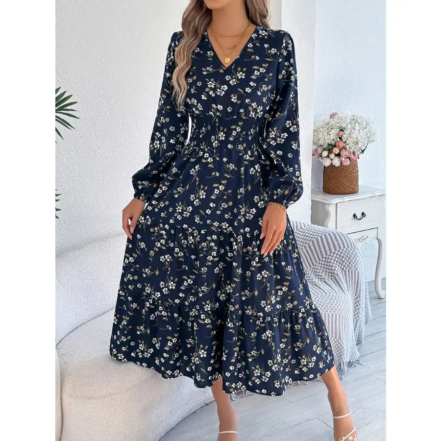 Floral Print Long Sleeve V Neck Midi Dress