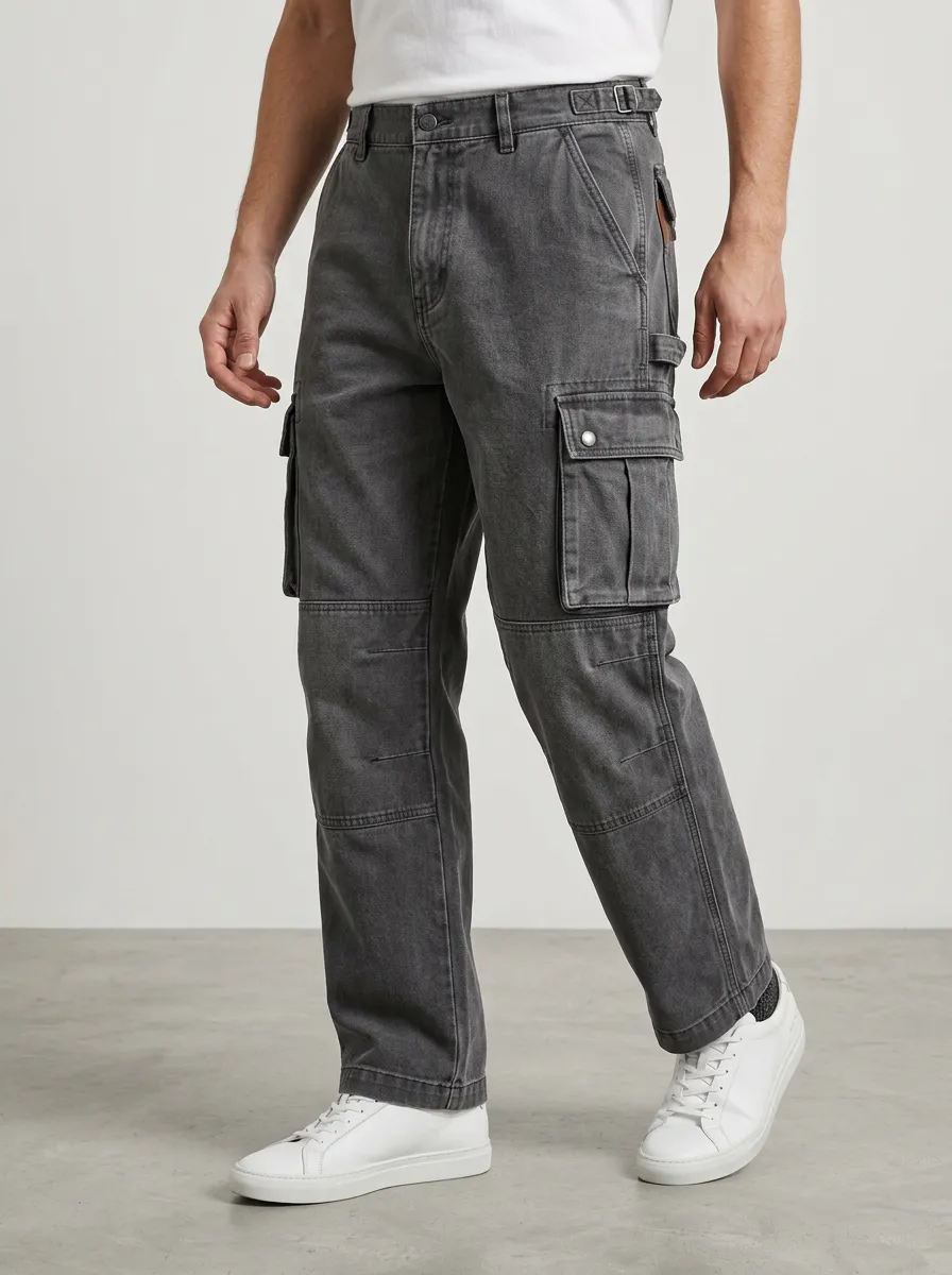 Men's Vintage Washed Grey Multi-Pocket Cargo Pants