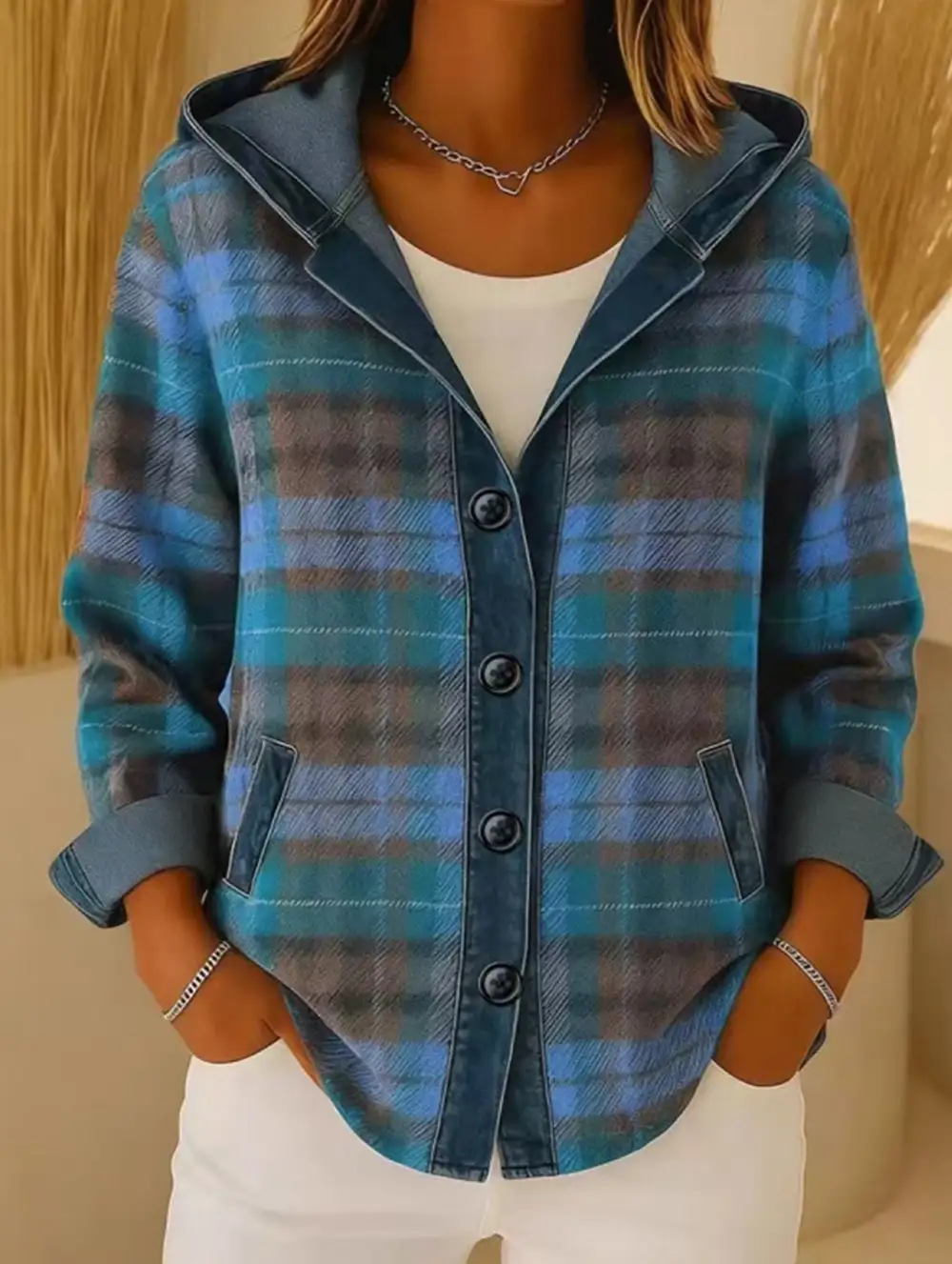 Loose Plaid Hooded Cardigan Sweatshirt