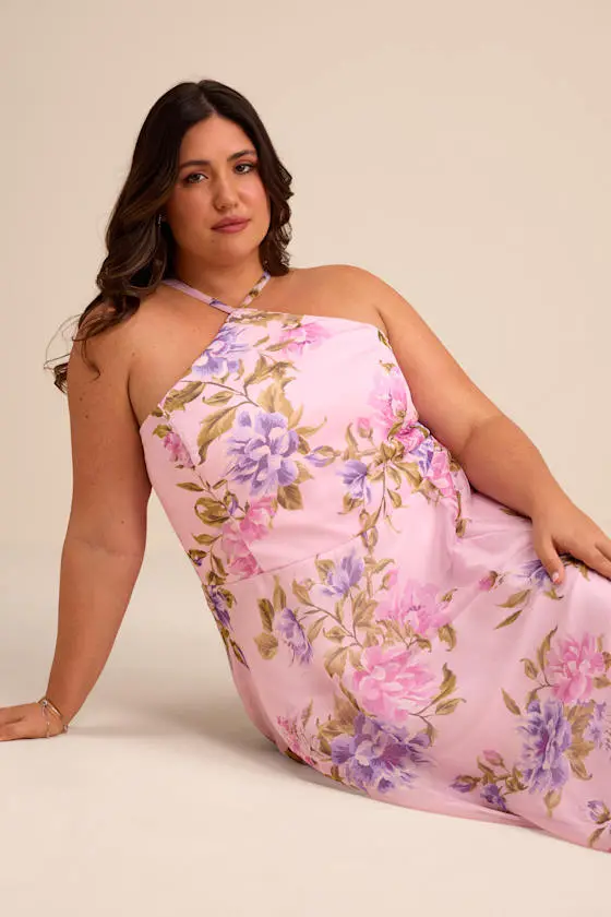 Romantic Marvel Navy Floral Print Halter Neck Maxi Dress