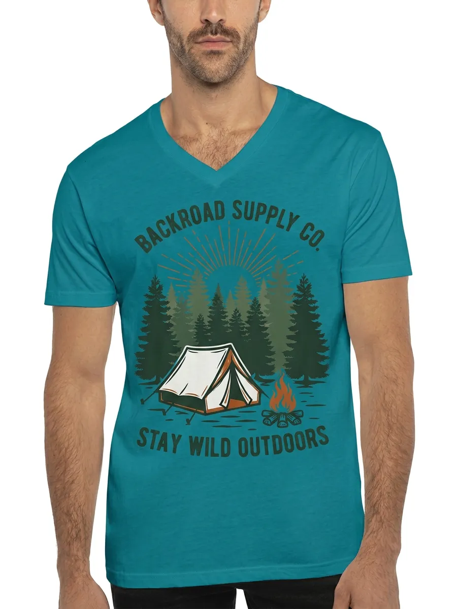 Men's Camping Lover Forest Tent Campfire Printed V-neck T-shirt