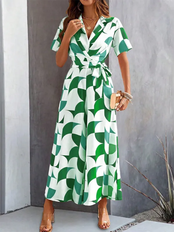 Temperament Short Sleeve Contrast Print High Shorts